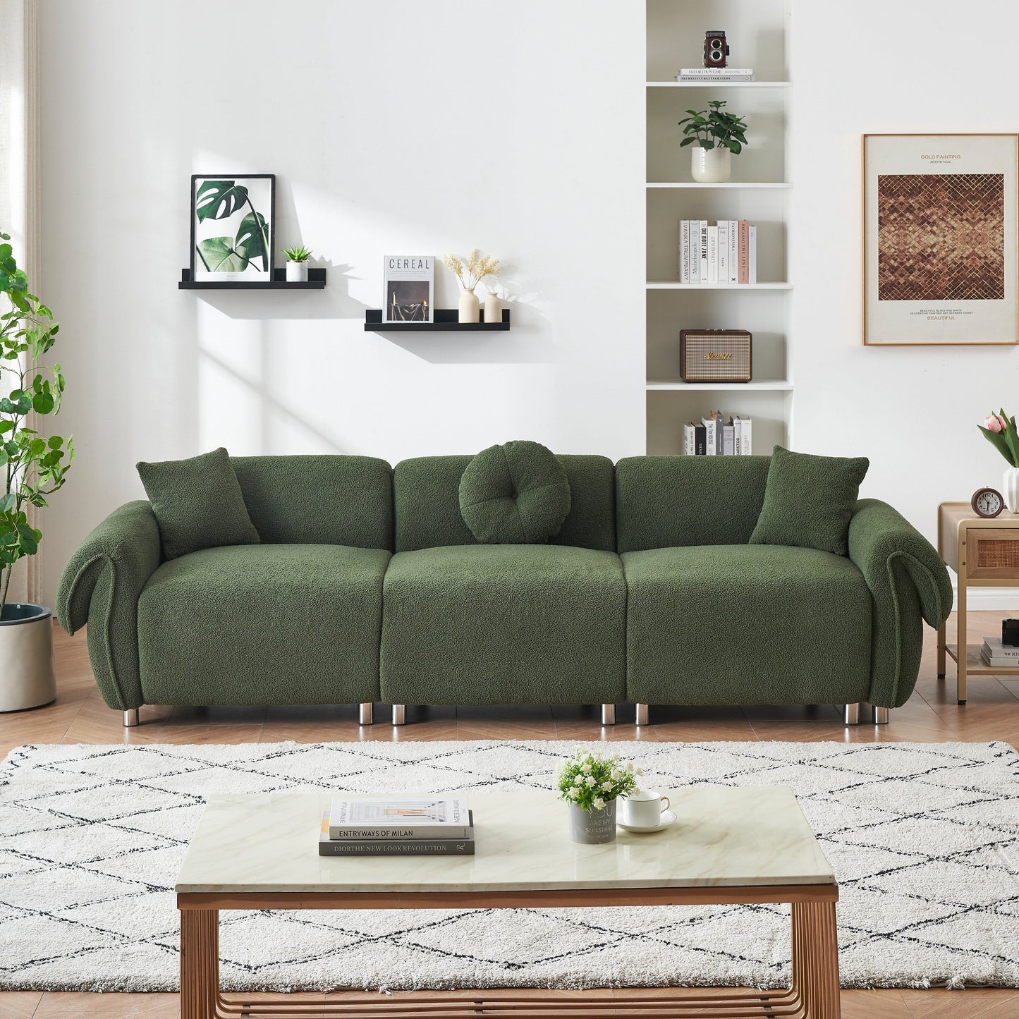 Green Teddy Velvet 3-seater Sofa with Pillows