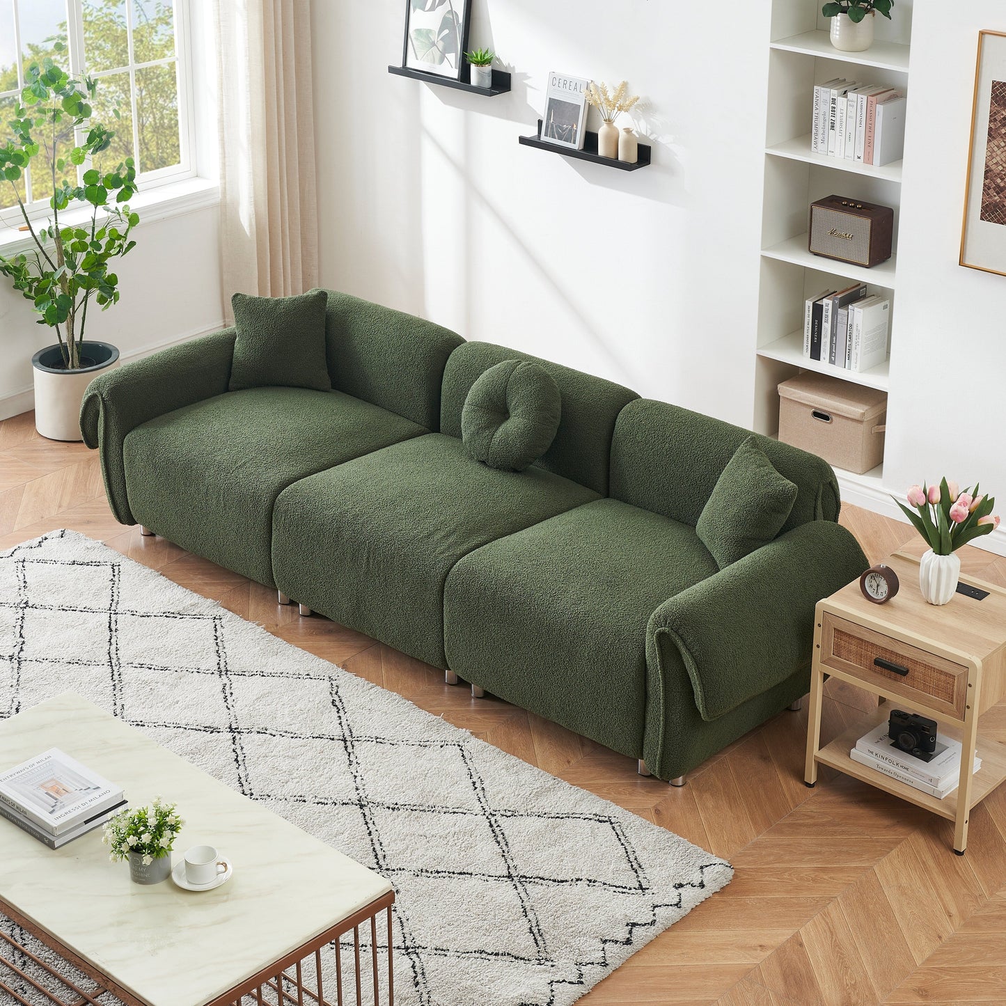 Green Teddy Velvet 3-seater Sofa with Pillows