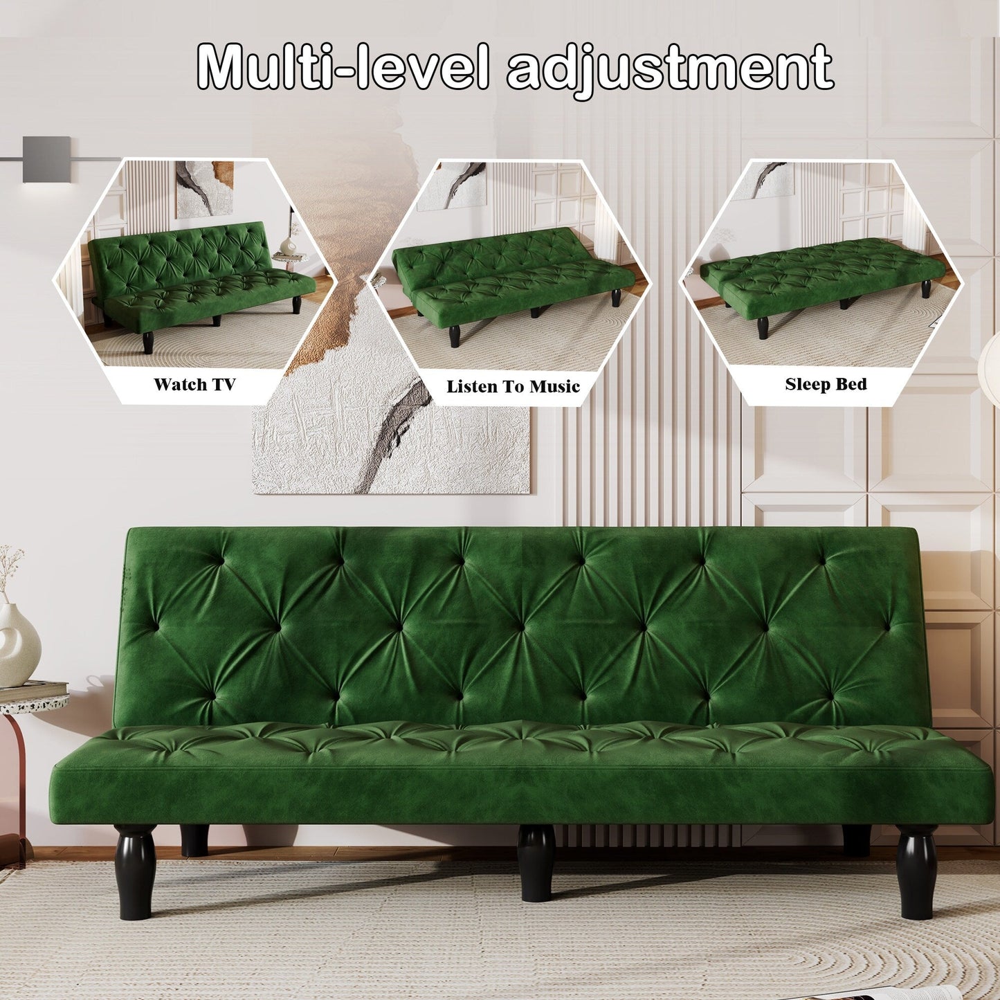 Green Velvet 3-seater Sofa Bed with Wood Frame