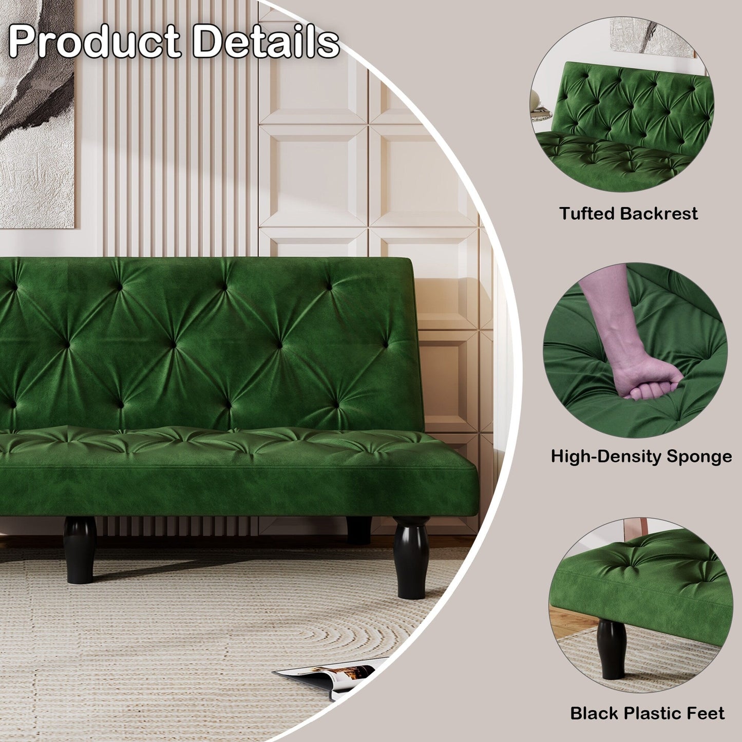 Green Velvet 3-seater Sofa Bed with Wood Frame