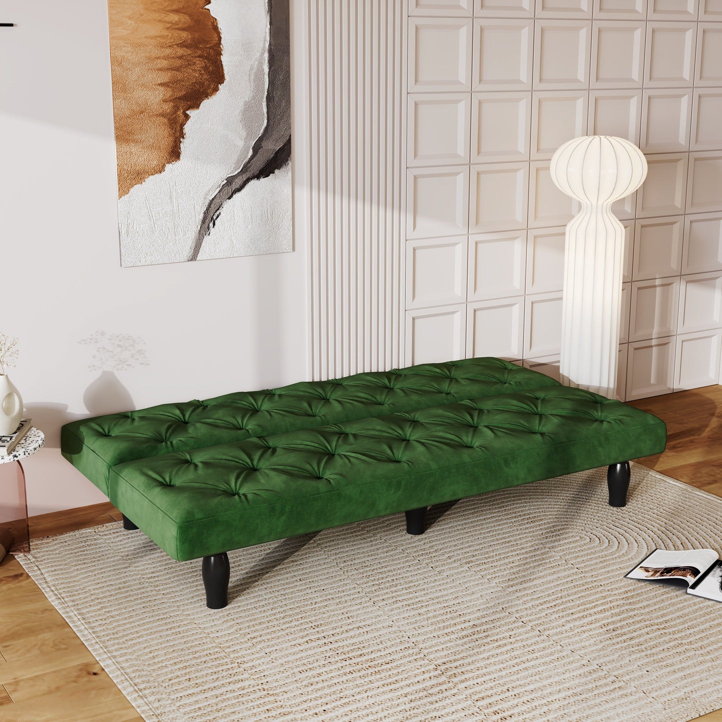 Green Velvet 3-seater Sofa Bed with Wood Frame