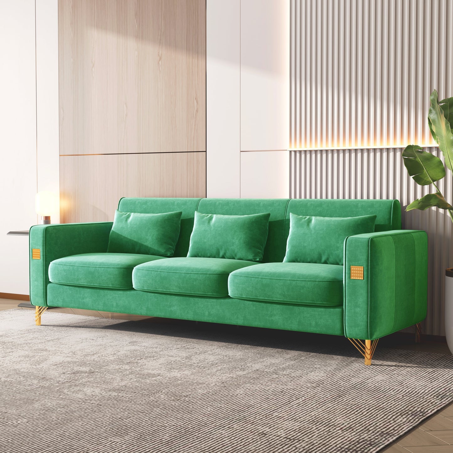 Green Velvet 3-seater Sofa with Gold Finish Metal Leg