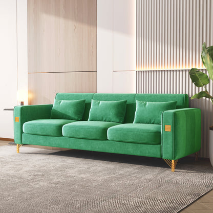 Green Velvet 3-seater Sofa with Gold Finish Metal Leg
