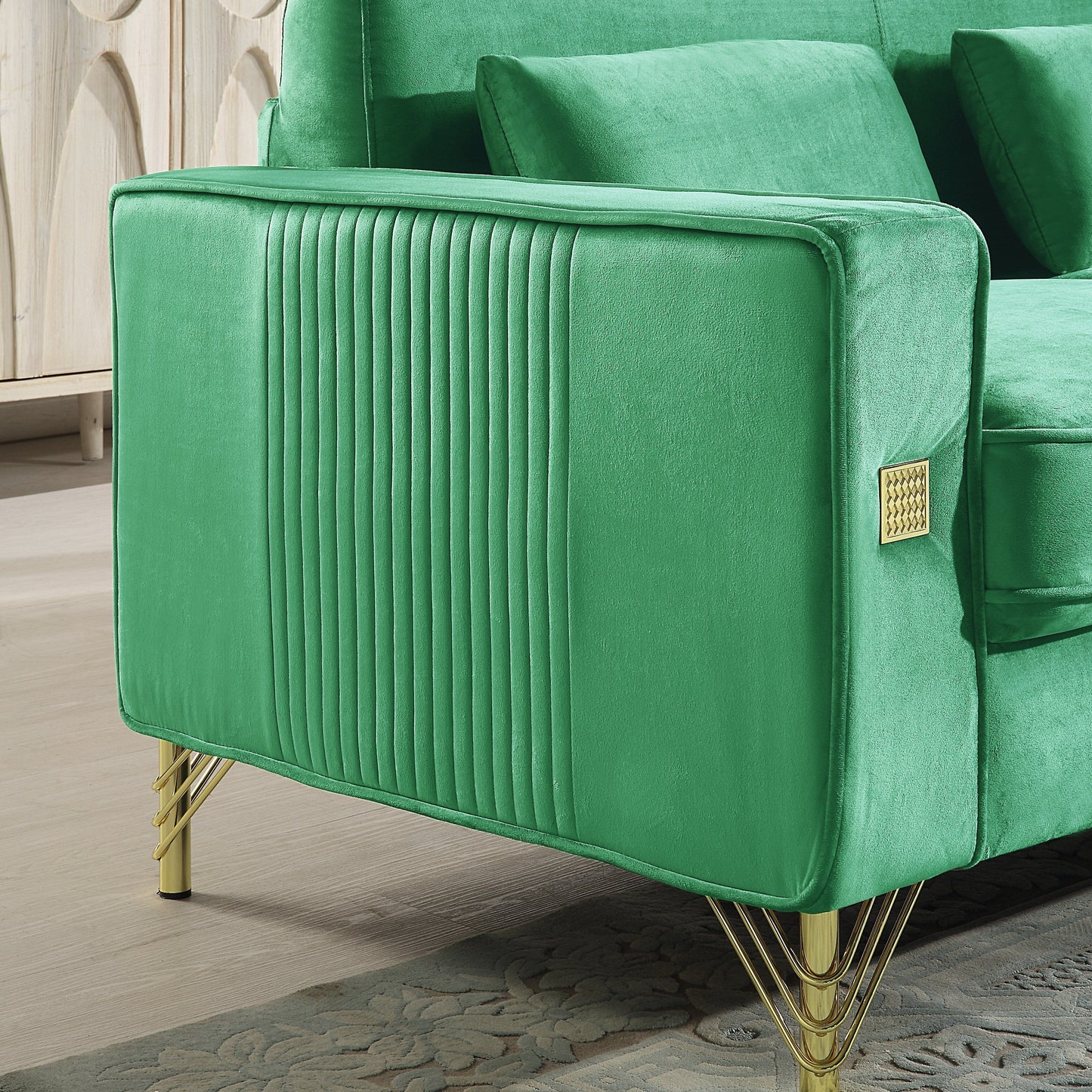 Green Velvet 3-seater Sofa with Gold Finish Metal Leg