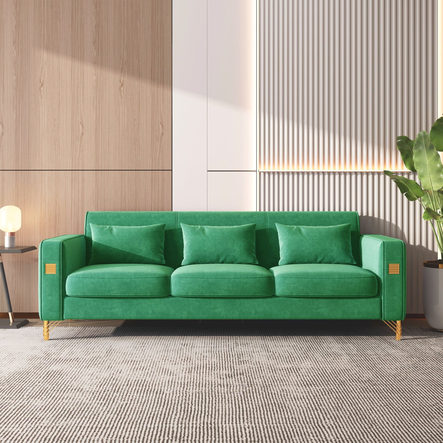 Green Velvet 3-seater Sofa with Gold Finish Metal Leg