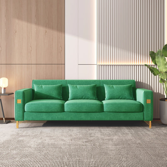 Green Velvet 3-seater Sofa with Gold Finish Metal Leg