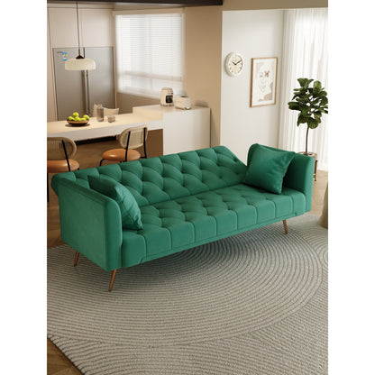 Green Velvet Convertible 3-seater Sofa Bed with Throw Pillows