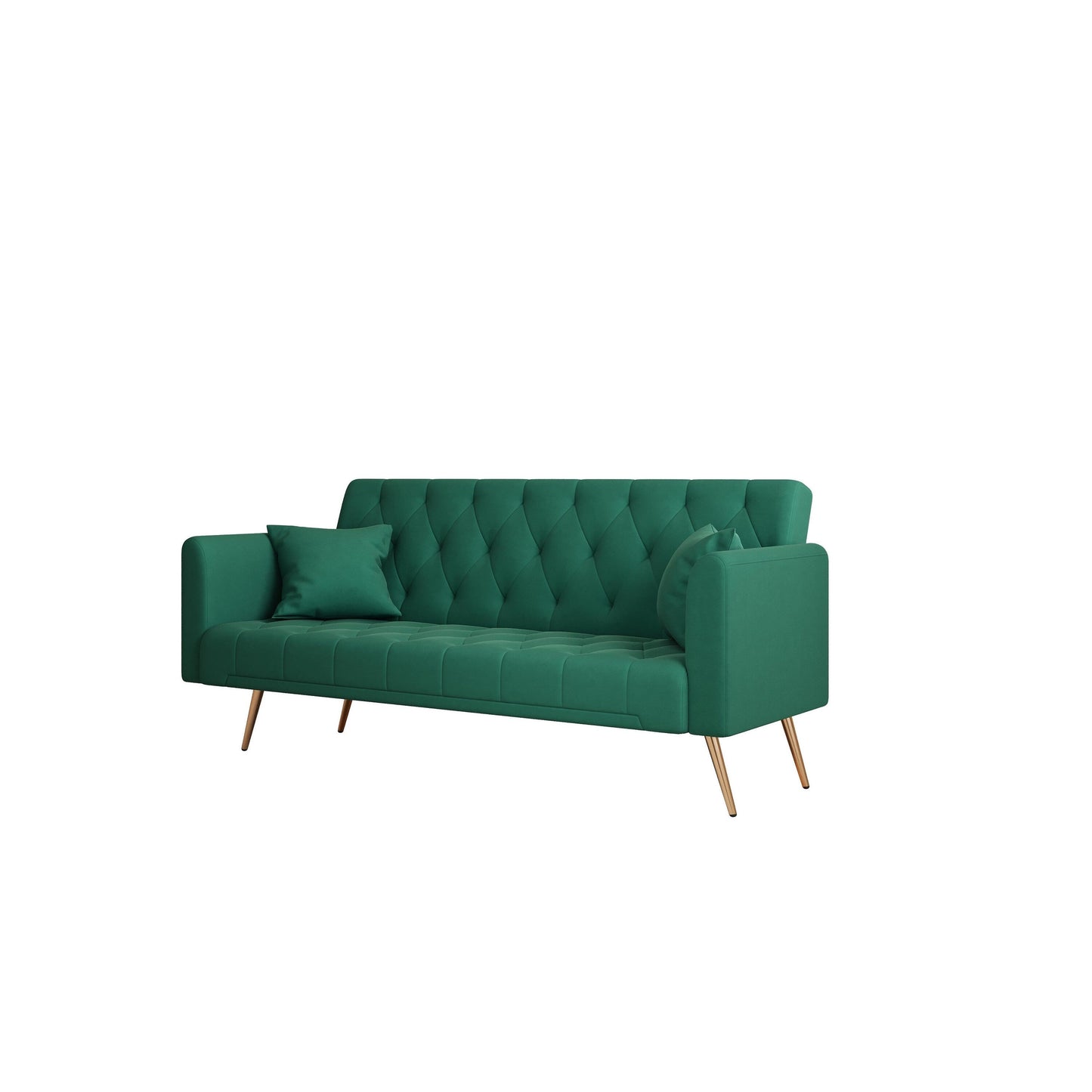 Green Velvet Convertible 3-seater Sofa Bed with Throw Pillows