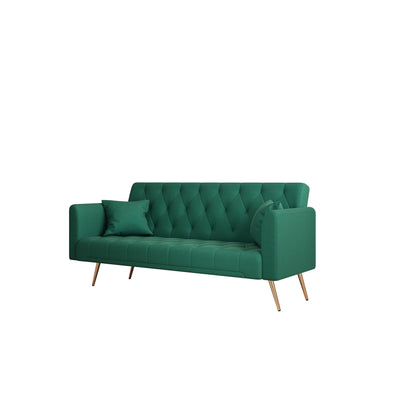 Green Velvet Convertible 3-seater Sofa Bed with Throw Pillows
