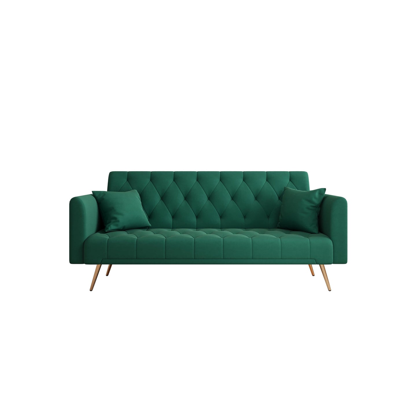 Green Velvet Convertible 3-seater Sofa Bed with Throw Pillows