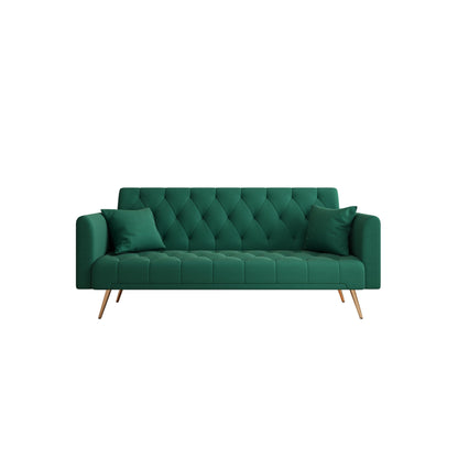 Green Velvet Convertible 3-seater Sofa Bed with Throw Pillows
