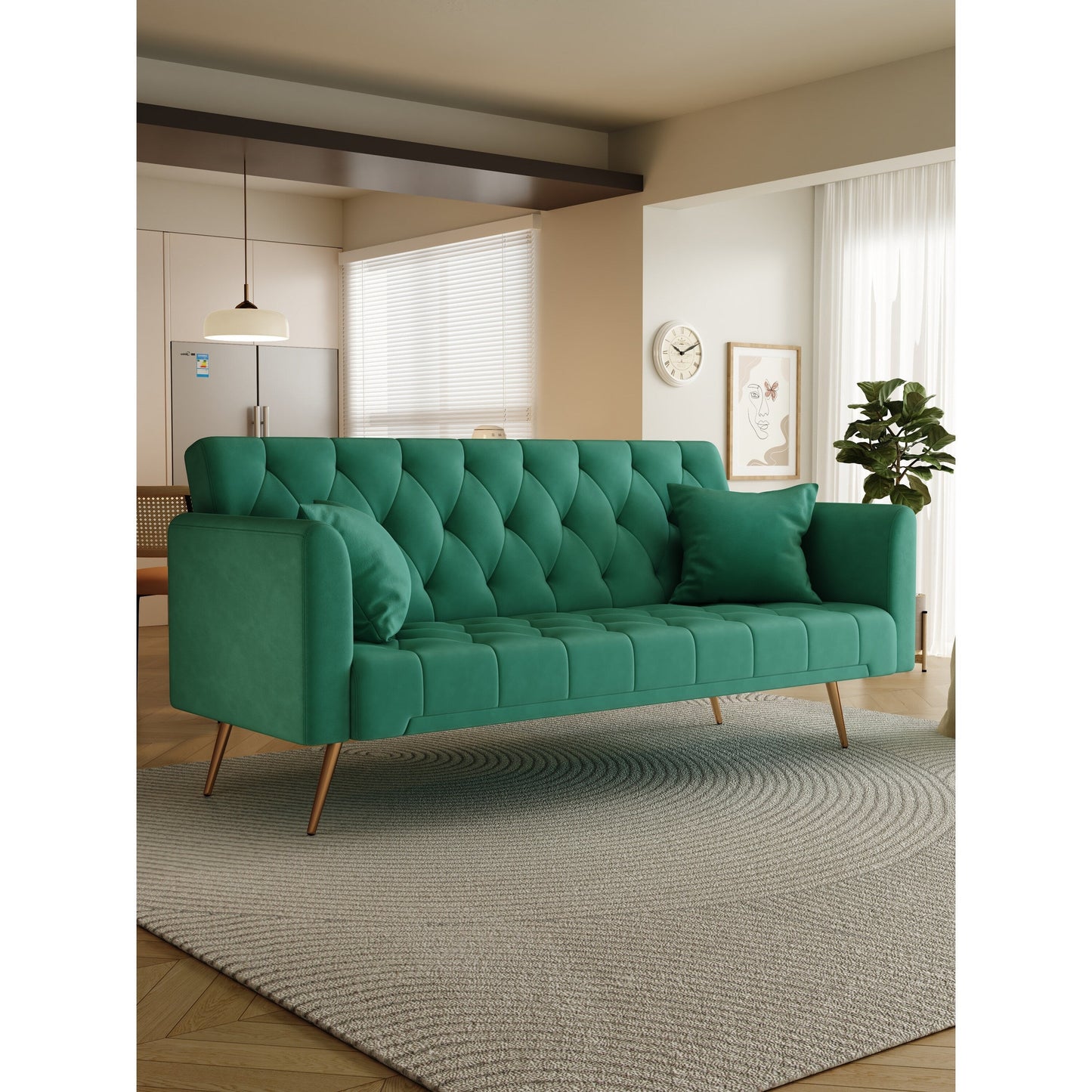Green Velvet Convertible 3-seater Sofa Bed with Throw Pillows