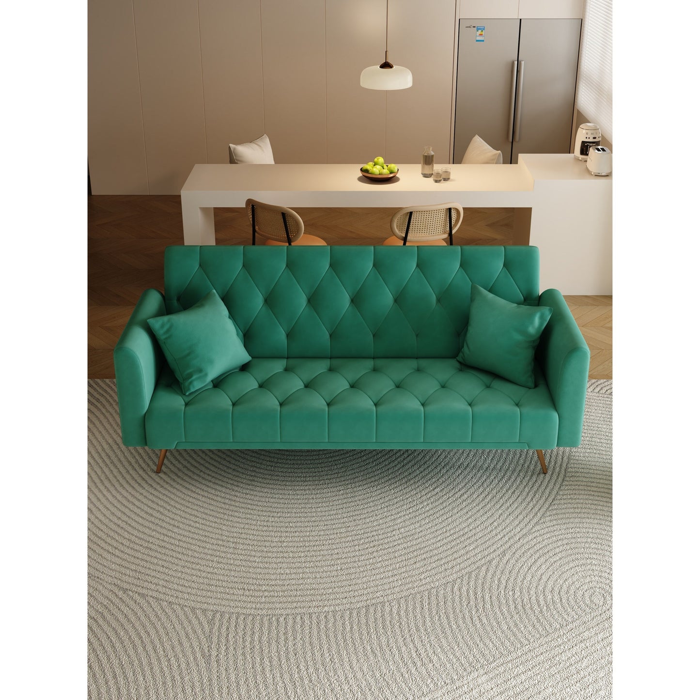 Green Velvet Convertible 3-seater Sofa Bed with Throw Pillows