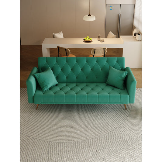 Green Velvet Convertible 3-seater Sofa Bed with Throw Pillows