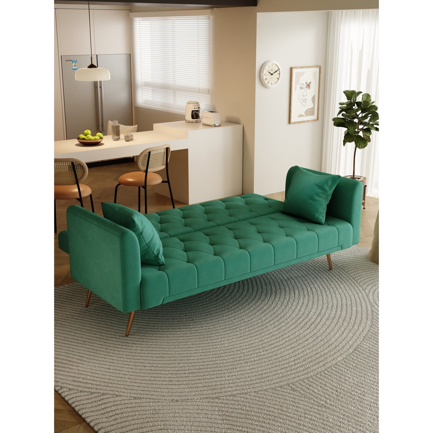 Green Velvet Convertible 3-seater Sofa Bed with Throw Pillows