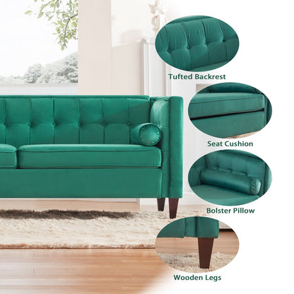 Green Velvet Loveseat Button Tufted Sofa with Bolster Pillows