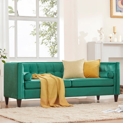 Green Velvet Loveseat Button Tufted Sofa with Bolster Pillows