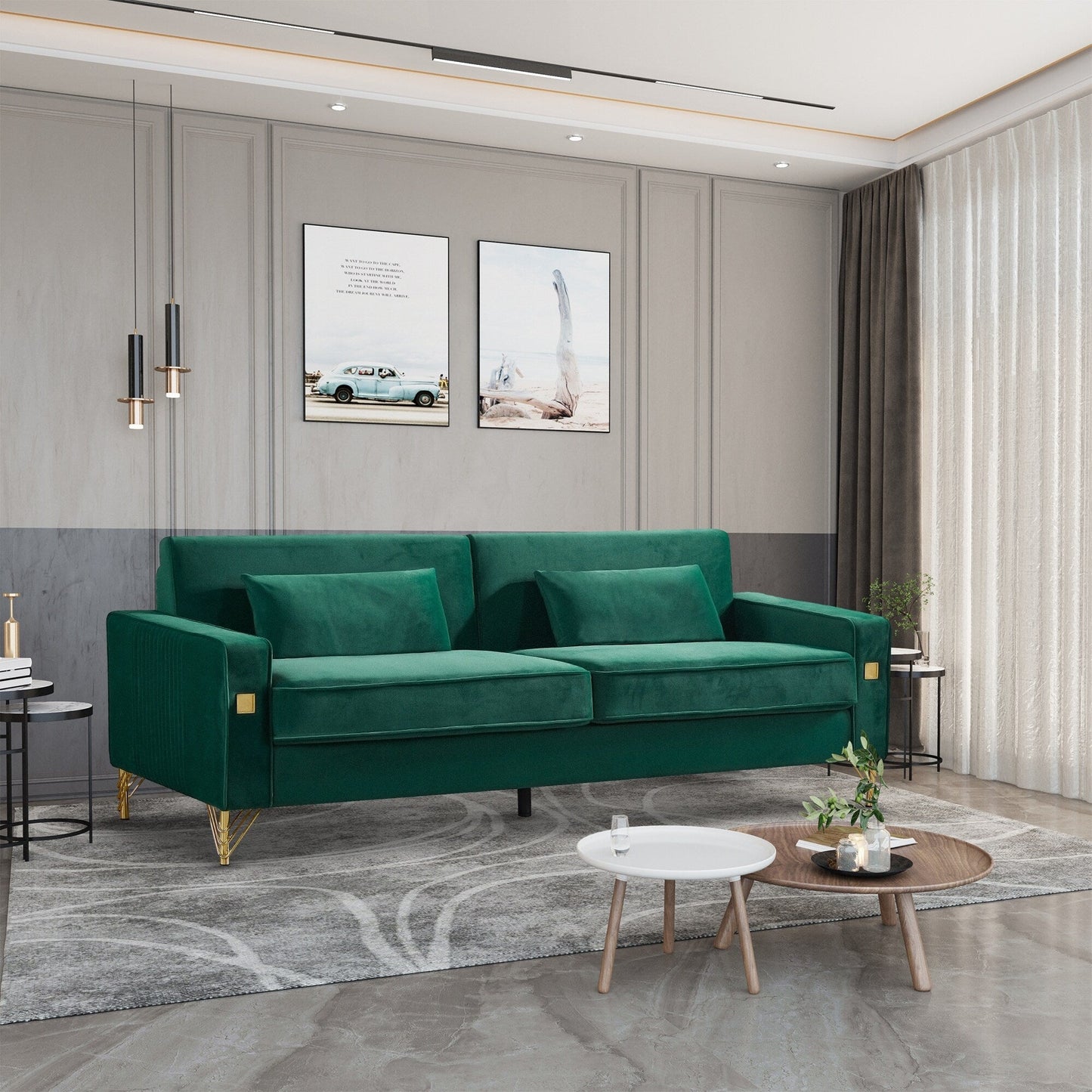 Green Velvet Upholstered Loveseat Sofa with Gold Legs