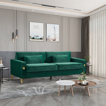 Green Velvet Upholstered Loveseat Sofa with Gold Legs