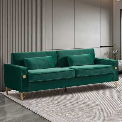 Green Velvet Upholstered Loveseat Sofa with Gold Legs