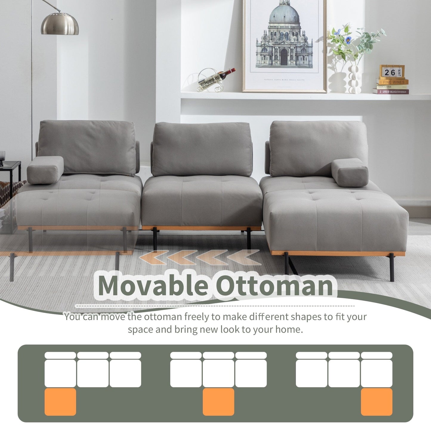 Grey 100.7'' Fabric L-Shaped Sofa, 3-Seater with Metal Legs, Movable Ottoman, and Removable Back Cushions