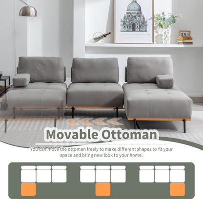 Grey 100.7'' Fabric L-Shaped Sofa, 3-Seater with Metal Legs, Movable Ottoman, and Removable Back Cushions