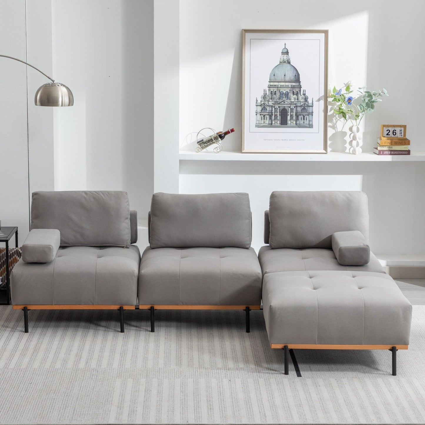 Grey 100.7'' Fabric L-Shaped Sofa, 3-Seater with Metal Legs, Movable Ottoman, and Removable Back Cushions