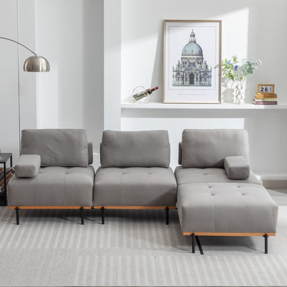 Grey 100.7'' Fabric L-Shaped Sofa, 3-Seater with Metal Legs, Movable Ottoman, and Removable Back Cushions