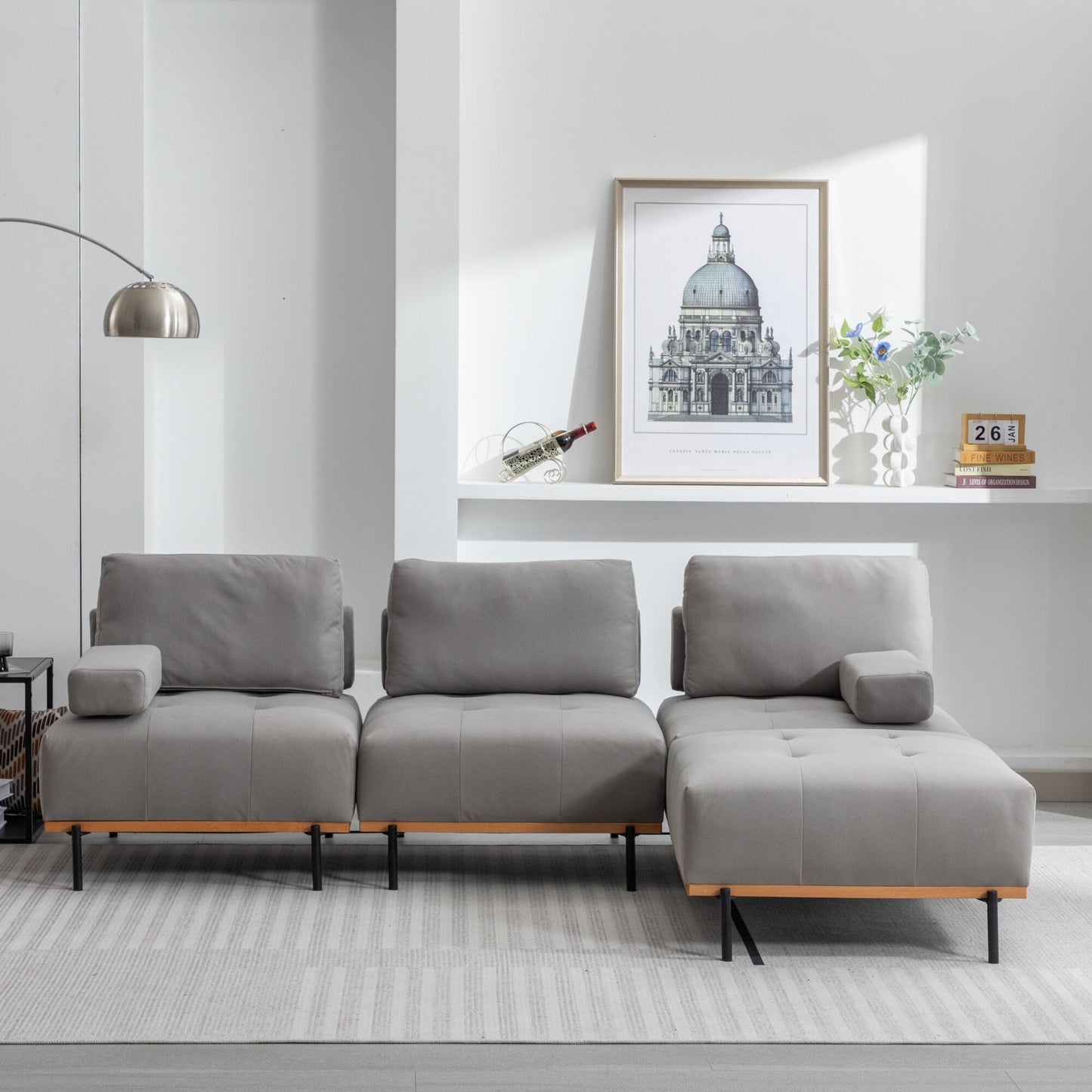 Grey 100.7'' Fabric L-Shaped Sofa, 3-Seater with Metal Legs, Movable Ottoman, and Removable Back Cushions