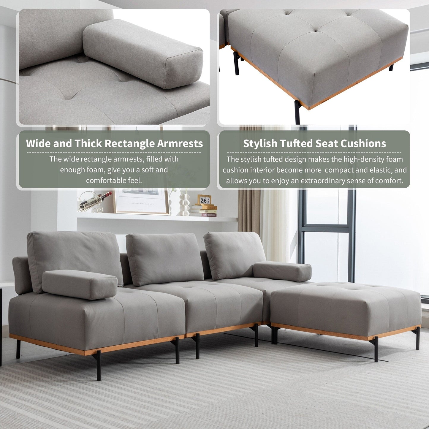 Grey 100.7'' Fabric L-Shaped Sofa, 3-Seater with Metal Legs, Movable Ottoman, and Removable Back Cushions
