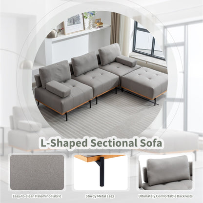 Grey 100.7'' Fabric L-Shaped Sofa, 3-Seater with Metal Legs, Movable Ottoman, and Removable Back Cushions
