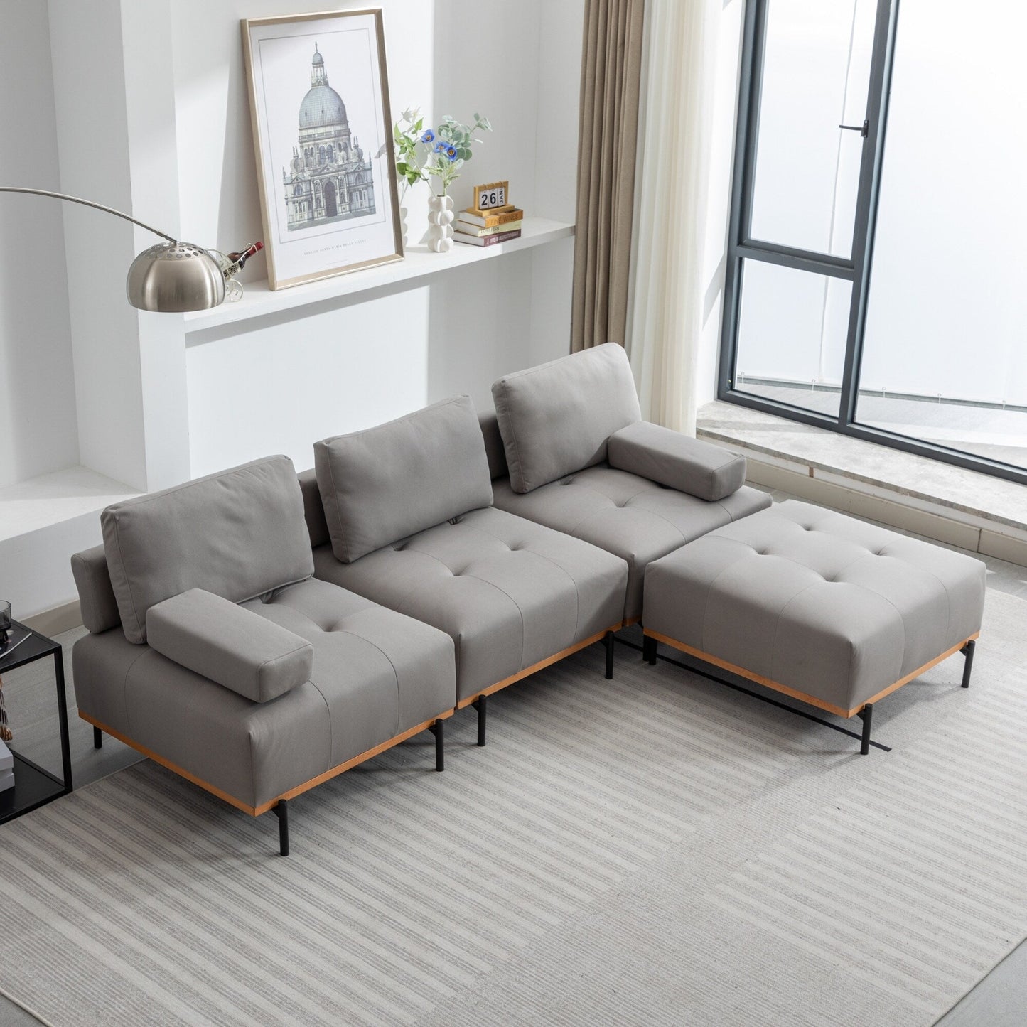 Grey 100.7'' Fabric L-Shaped Sofa, 3-Seater with Metal Legs, Movable Ottoman, and Removable Back Cushions