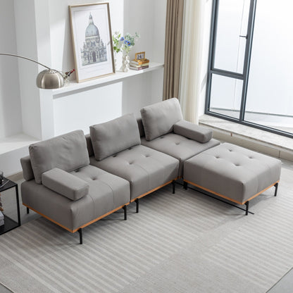 Grey 100.7'' Fabric L-Shaped Sofa, 3-Seater with Metal Legs, Movable Ottoman, and Removable Back Cushions