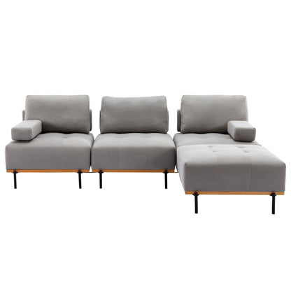 Grey 100.7'' Fabric L-Shaped Sofa, 3-Seater with Metal Legs, Movable Ottoman, and Removable Back Cushions