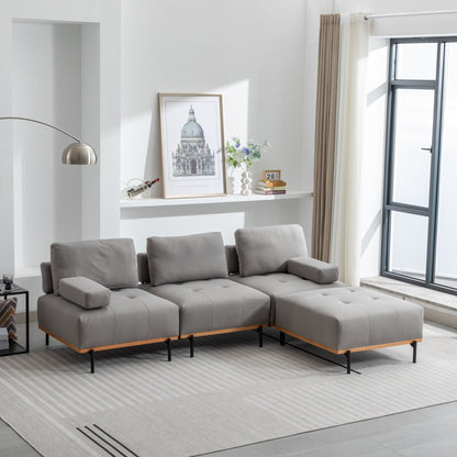 Grey 100.7'' Fabric L-Shaped Sofa, 3-Seater with Metal Legs, Movable Ottoman, and Removable Back Cushions