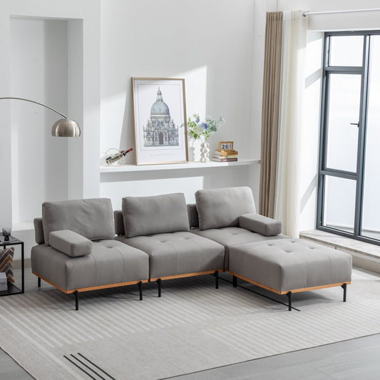 Grey 100.7'' Fabric L-Shaped Sofa, 3-Seater with Metal Legs, Movable Ottoman, and Removable Back Cushions