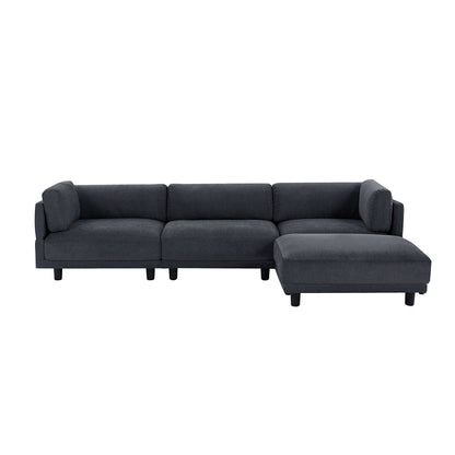 Grey 102.4 L-Shaped Polyester Sectional Sofa with Reversible Footstool, Thick Cushions, and Plastic Legs