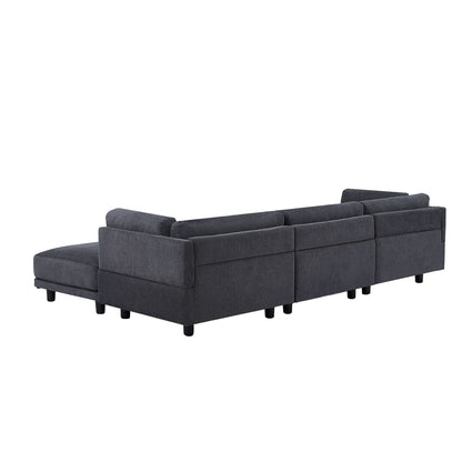 Grey 102.4 L-Shaped Polyester Sectional Sofa with Reversible Footstool, Thick Cushions, and Plastic Legs