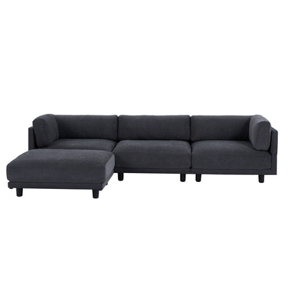 Grey 102.4 L-Shaped Polyester Sectional Sofa with Reversible Footstool, Thick Cushions, and Plastic Legs