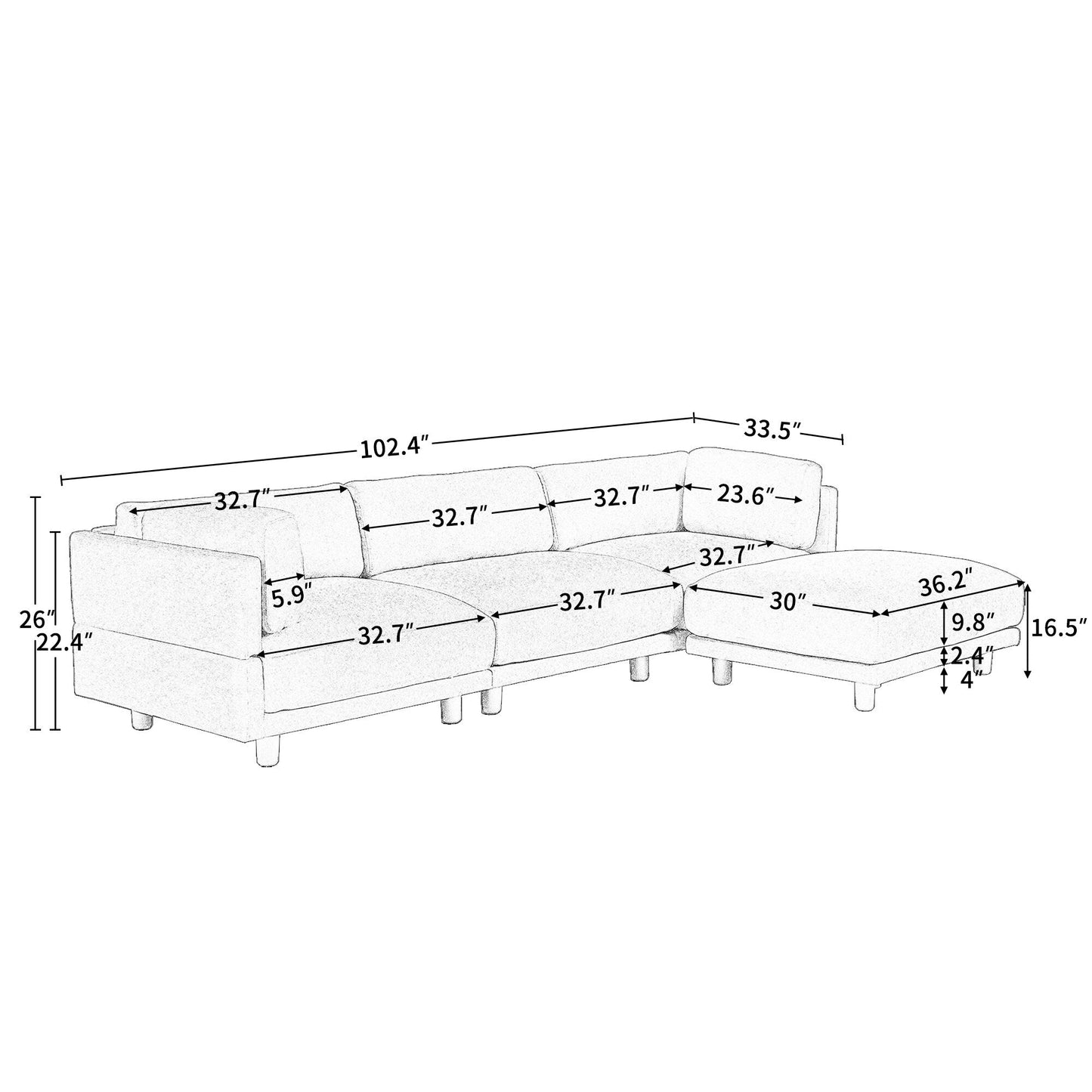 Grey 102.4 L-Shaped Polyester Sectional Sofa with Reversible Footstool, Thick Cushions, and Plastic Legs