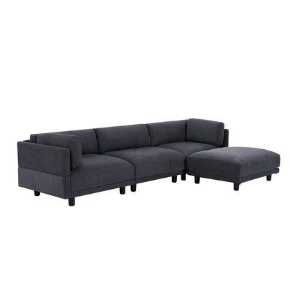 Grey 102.4 L-Shaped Polyester Sectional Sofa with Reversible Footstool, Thick Cushions, and Plastic Legs