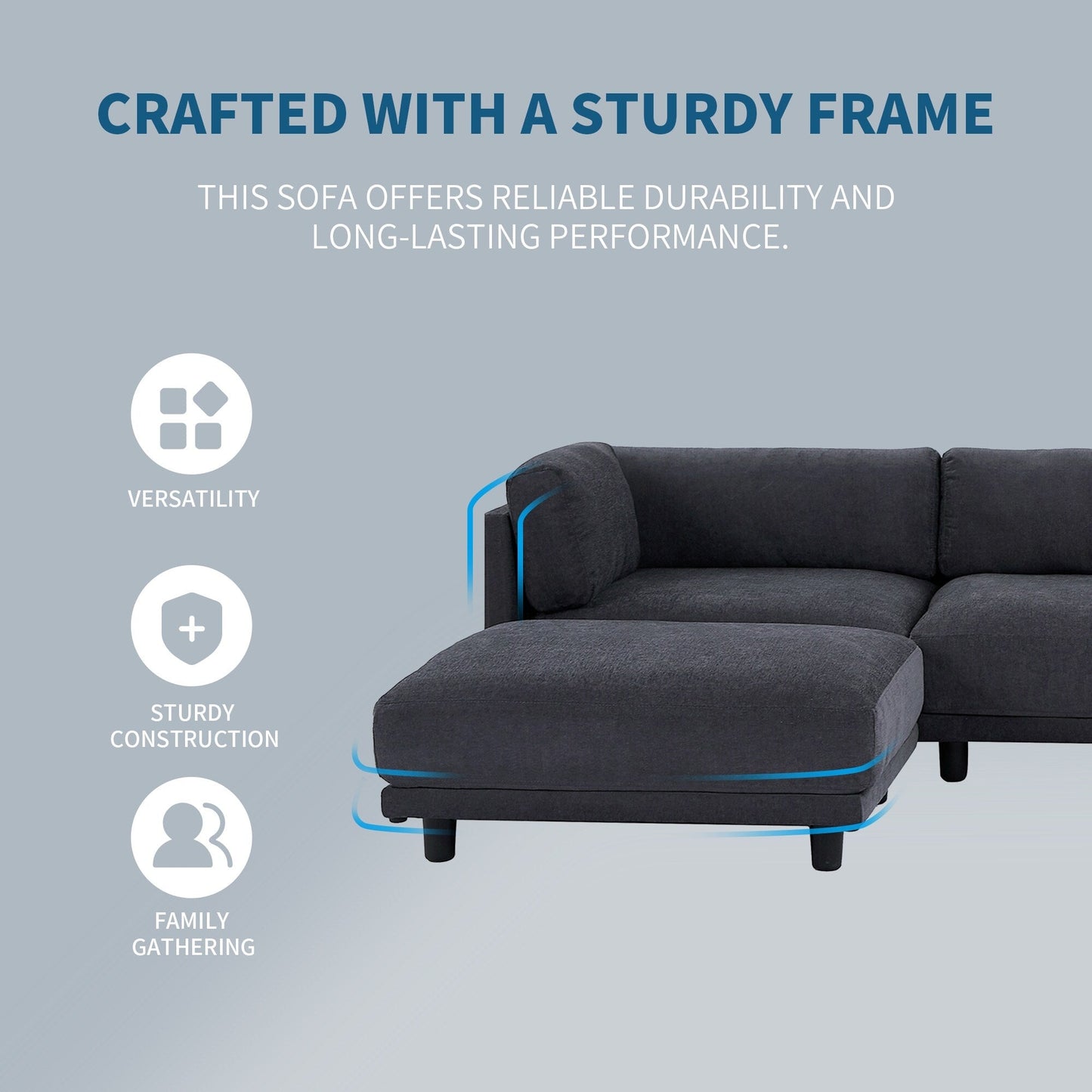 Grey 102.4 Polyester L-Shaped Sectional Sofa with Reversible Footstool, Thick Cushions, and Durable Plastic Legs