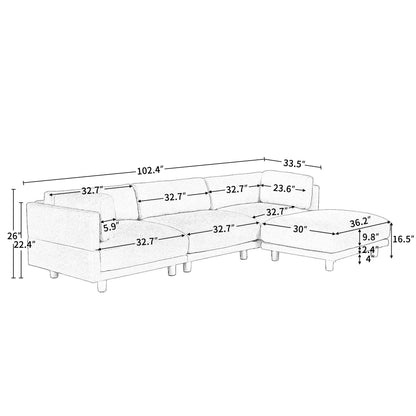 Grey 102.4 Polyester L-Shaped Sectional Sofa with Reversible Footstool, Thick Cushions, and Durable Plastic Legs