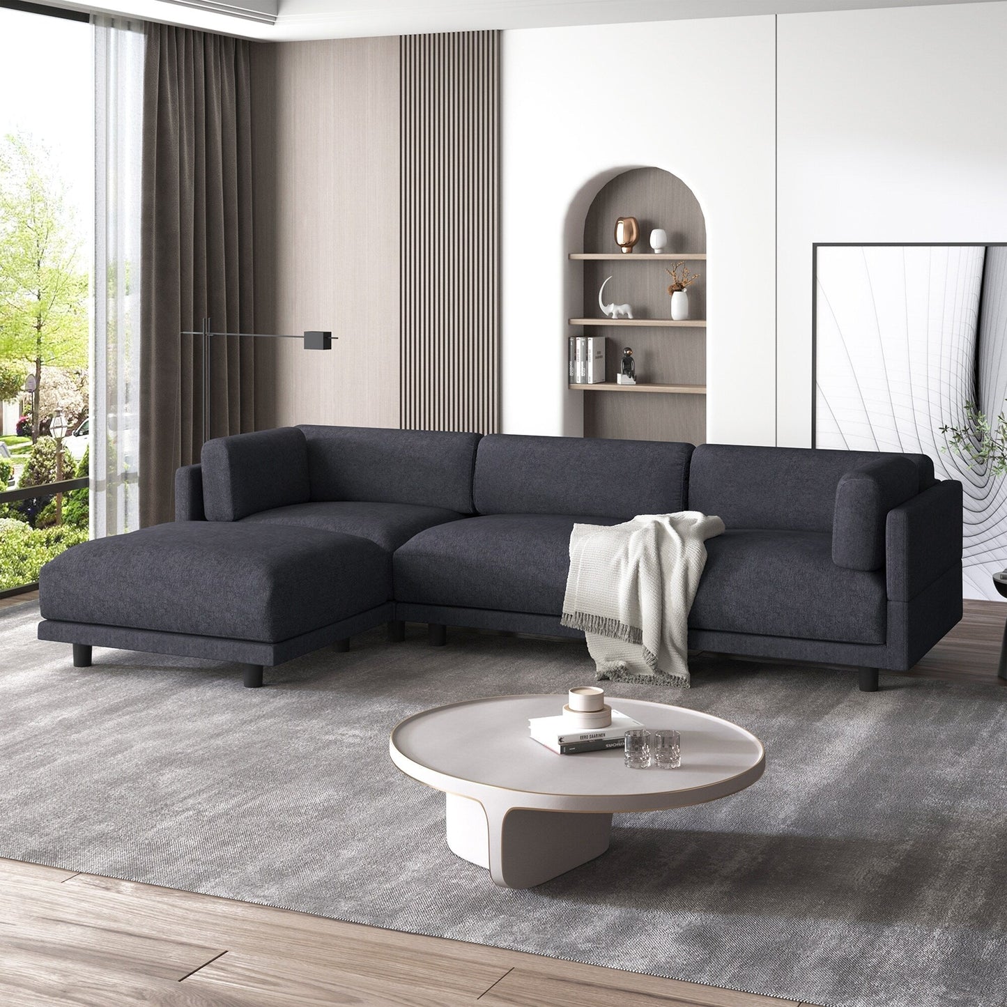 Grey 102.4 Polyester L-Shaped Sectional Sofa with Reversible Footstool, Thick Cushions, and Durable Plastic Legs