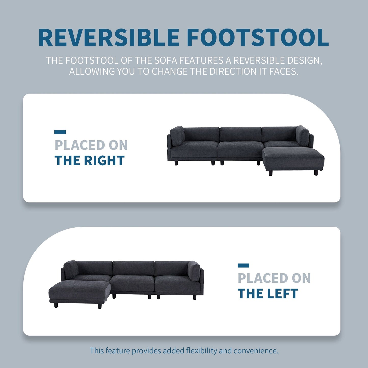 Grey 102.4 Polyester L-Shaped Sectional Sofa with Reversible Footstool, Thick Cushions, and Durable Plastic Legs