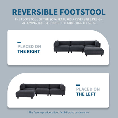 Grey 102.4 Polyester L-Shaped Sectional Sofa with Reversible Footstool, Thick Cushions, and Durable Plastic Legs