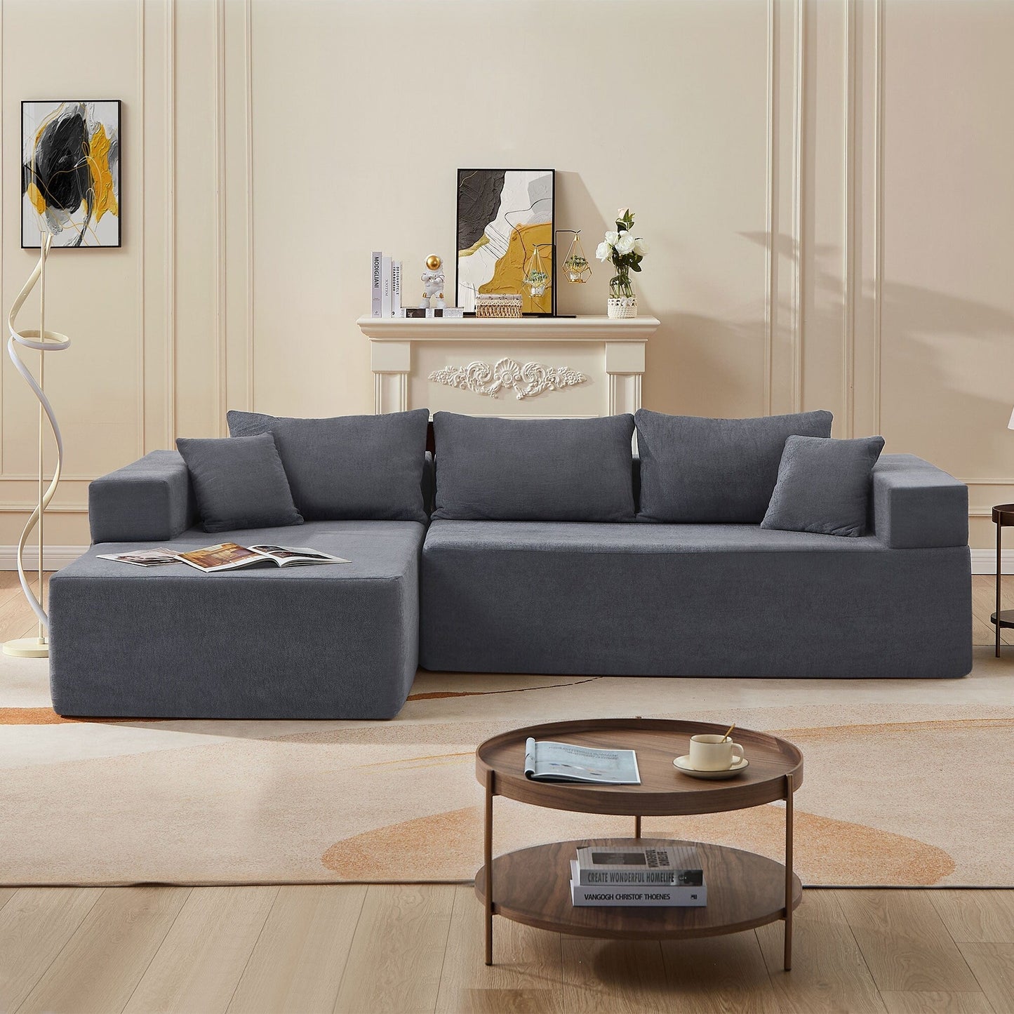 Grey 107.48'' Fabric L-Shaped Sectional Sofa with Chaise, 16.53-Inch Cushions, and 2-Piece Free Combination