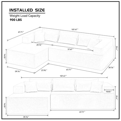 Grey 107.48'' Fabric L-Shaped Sectional Sofa with Chaise, 16.53-Inch Cushions, and 2-Piece Free Combination