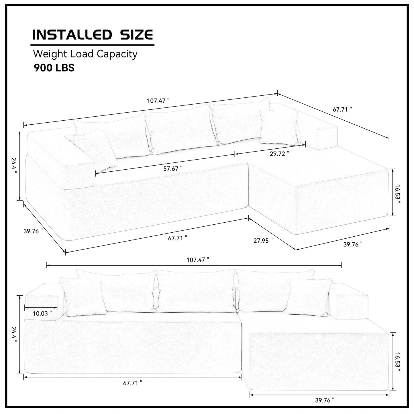 Grey 107.48'' L-Shaped Fabric 3-Seater Sectional Sofa with 16.53'' Cushions and Chaise, 2-Piece Design