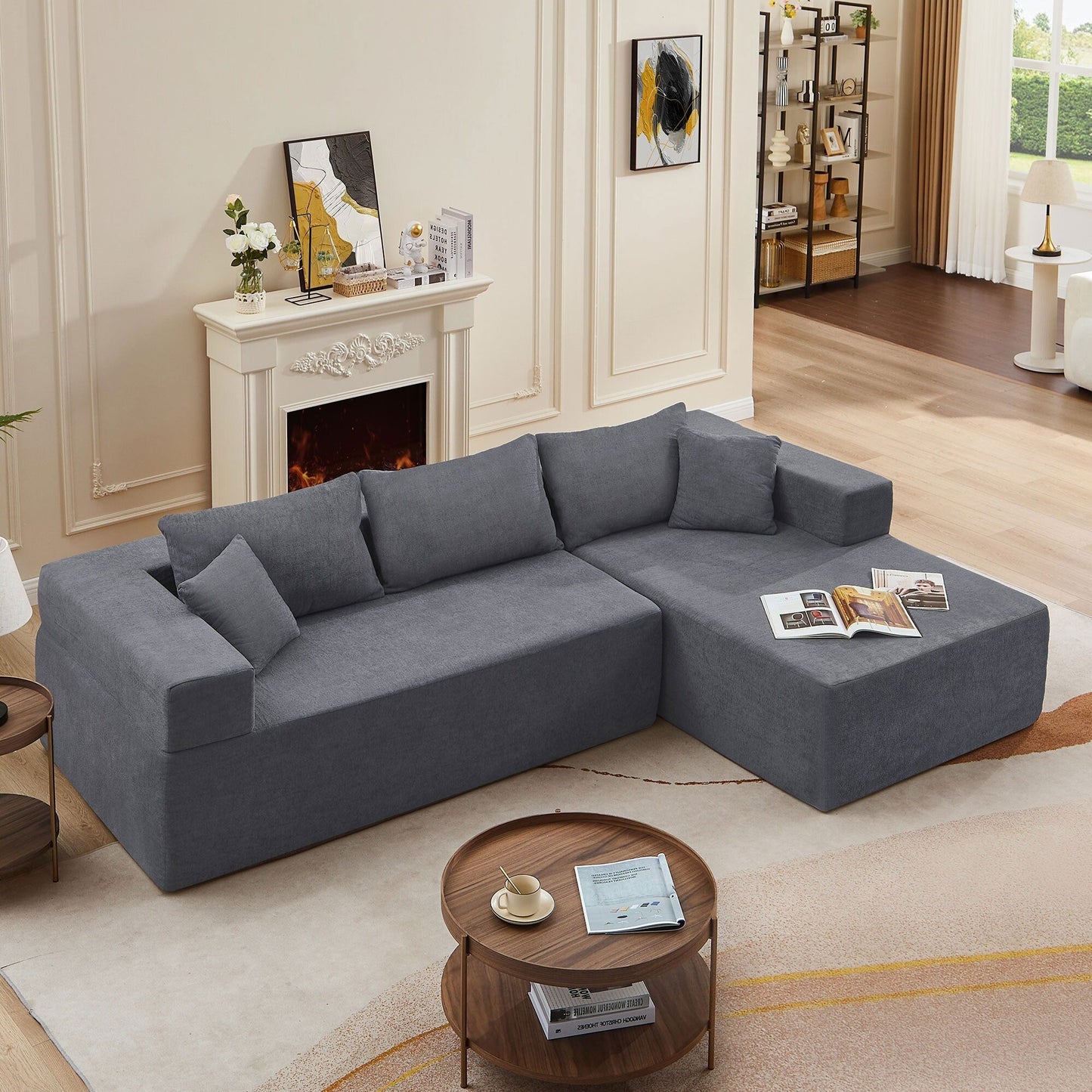 Grey 107.48'' L-Shaped Fabric 3-Seater Sectional Sofa with 16.53'' Cushions and Chaise, 2-Piece Design